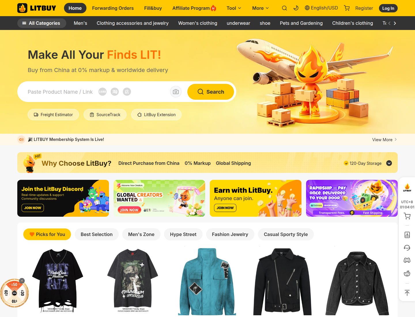 Official LitBuy homepage: green wordmark, search bar, forwarding and estimation in the nav